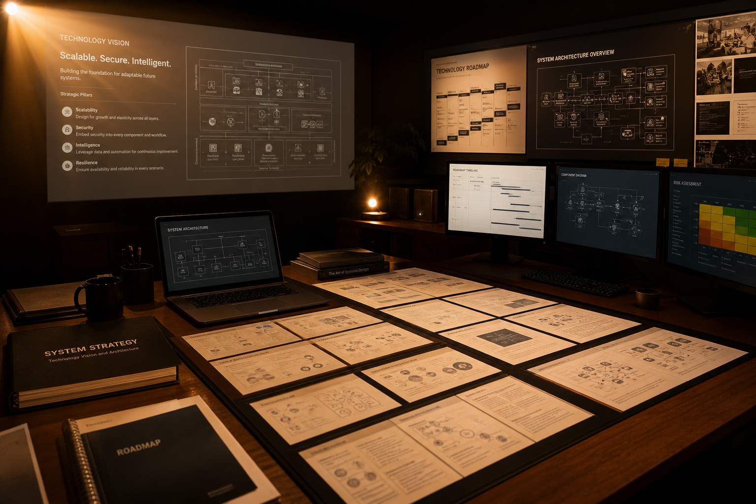 STOCKSNAP LTD technology strategy workspace with storyboard planning materials and screens showing system architecture