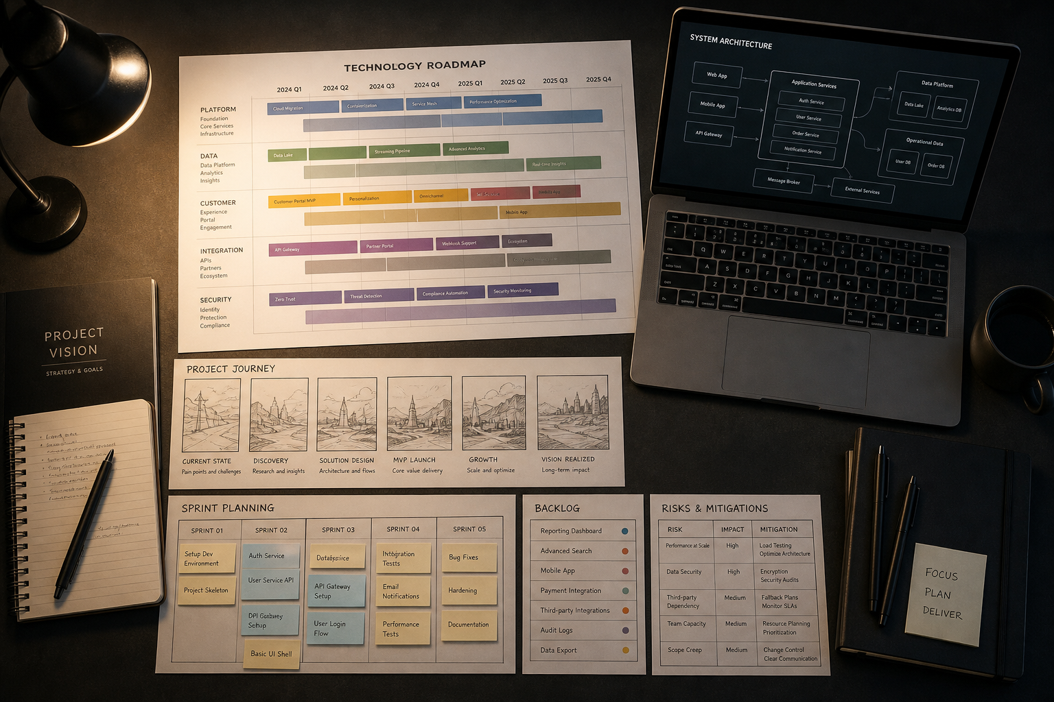 STOCKSNAP LTD technology strategy planning desk with roadmap documents arranged in storyboard sequence