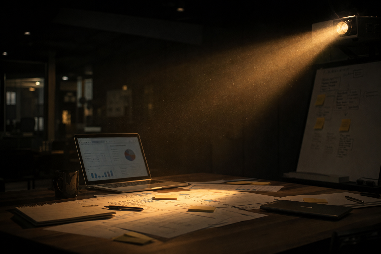 Projector light illuminating technology planning documents in a professional workspace