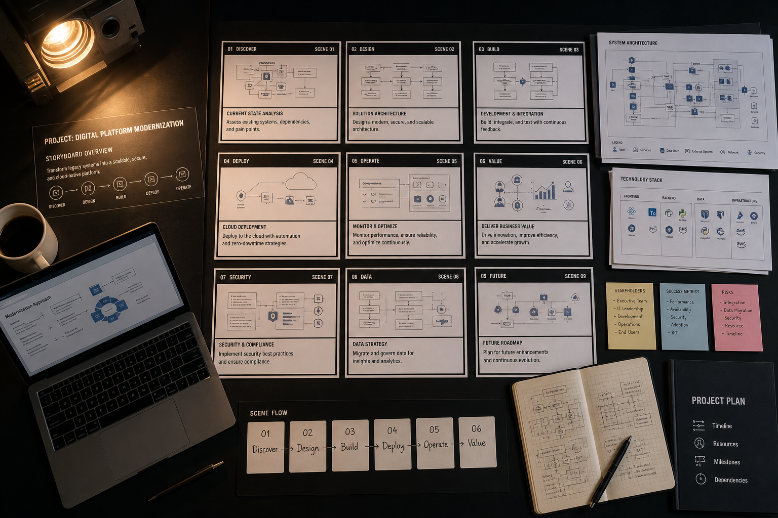 STOCKSNAP LTD project planning table with technology service documents arranged in storyboard format